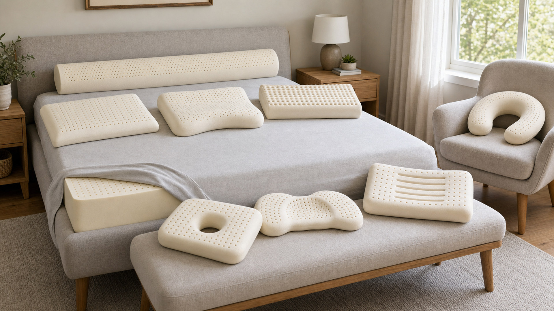 MUMENG latex product family arranged in a naturally lit bedroom