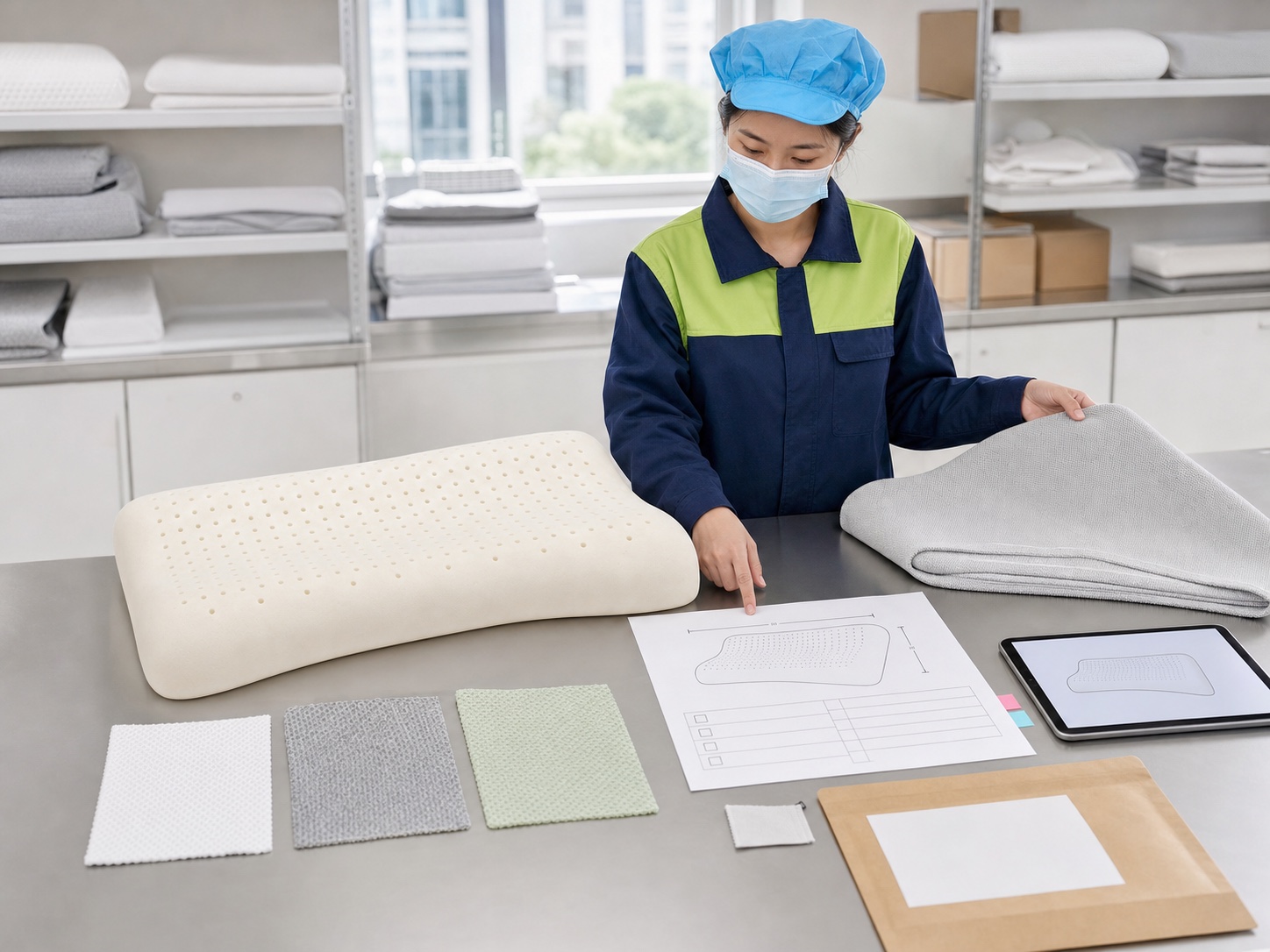 MUMENG product engineer reviewing a KE002 latex pillow, cover swatches, specification drawing, label, and packaging reference
